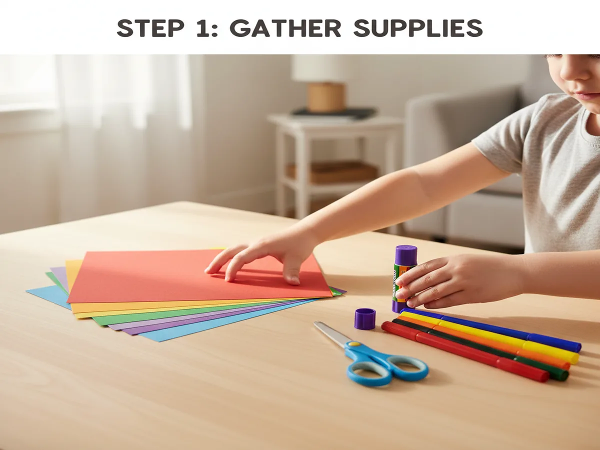 A child's hands sorting colorful construction paper strips and craft supplies on a table