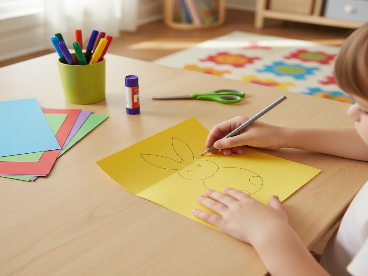 A mom helping a young child fold and cut construction paper at a craft table