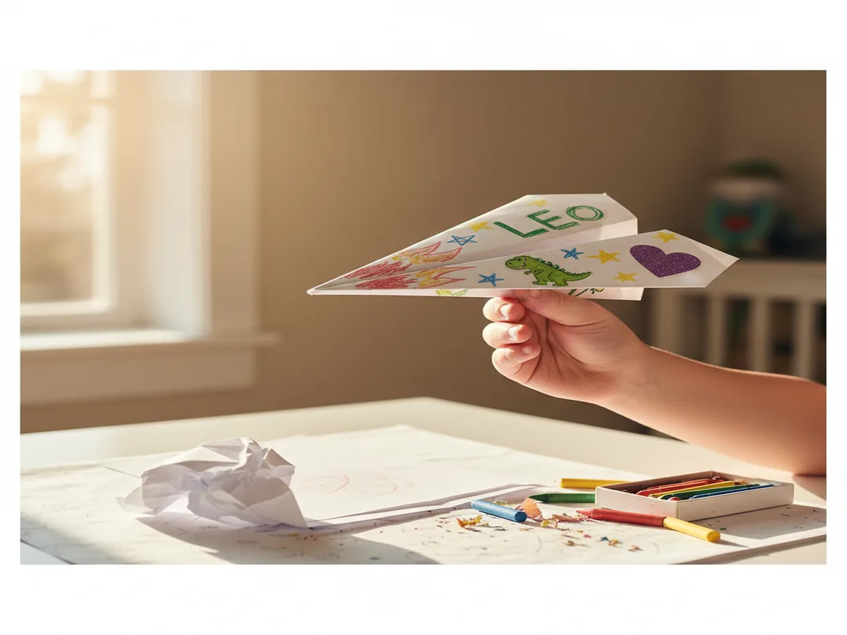 Handmade paper airplane with classic dart fold decorated with crayon drawings and stickers on a craft table