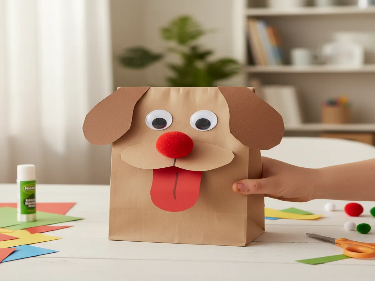 Handmade paper bag puppet made from a brown lunch bag with construction paper dog face, floppy ears, and googly eyes