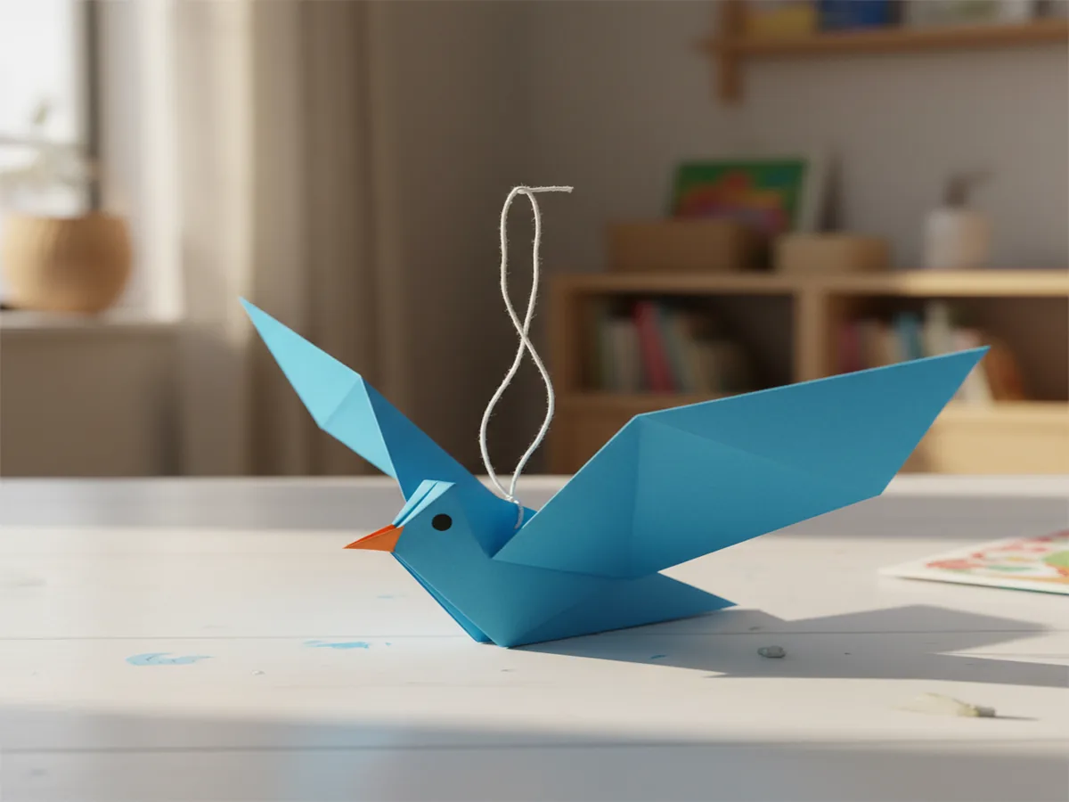 Handmade folded paper bird craft made from blue construction paper with open fanned wings, an orange paper beak, and a hanging thread