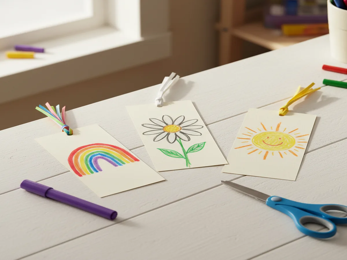 Three handmade paper bookmarks made from decorated cardstock with paper tassels, displayed on a craft table