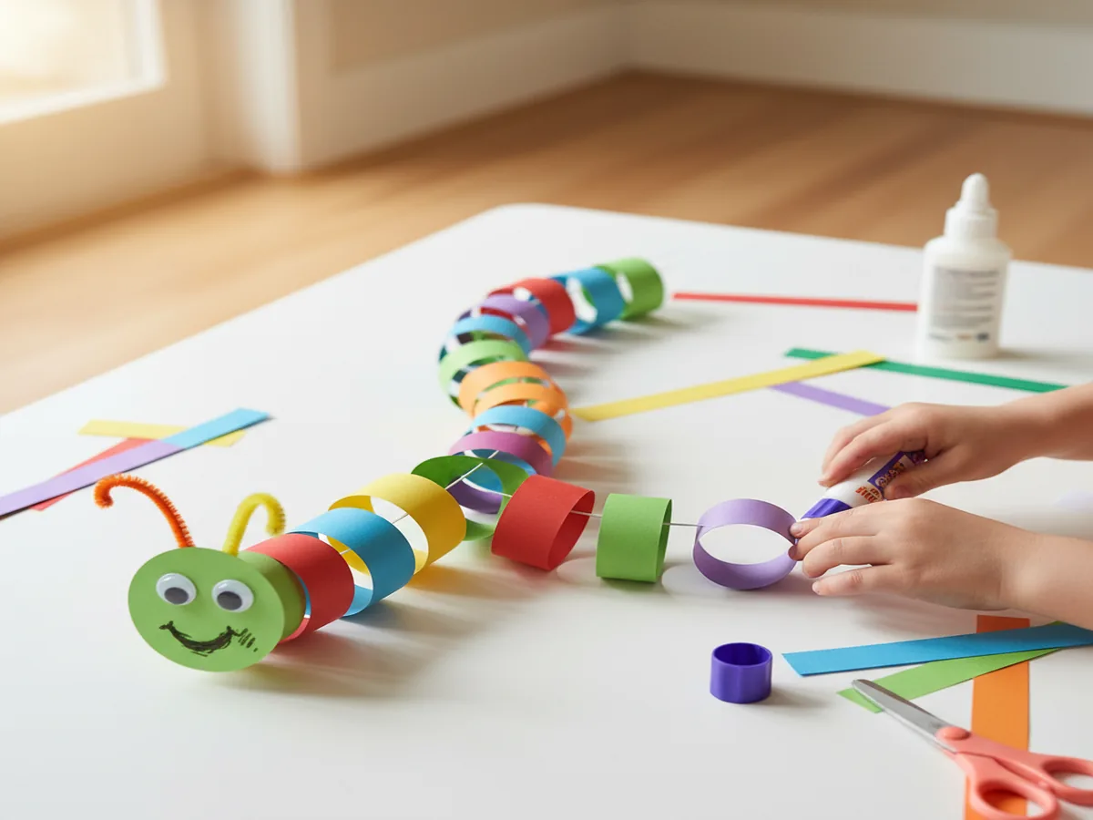 Handmade paper chain caterpillar with colorful linked construction paper loops and a drawn face on a craft table