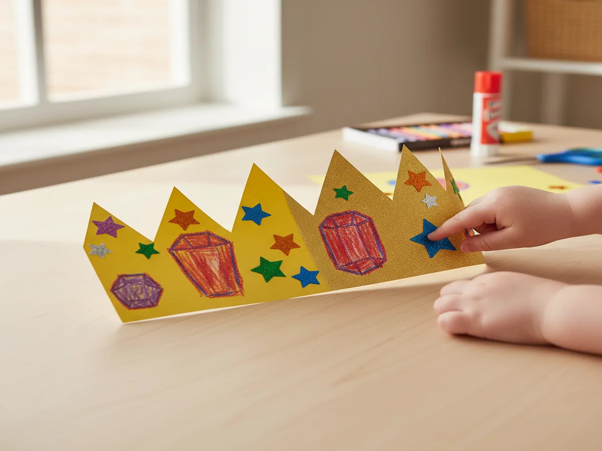 Handmade paper crown made from a gold construction paper strip with pointed peaks, decorated with crayon gems and star stickers