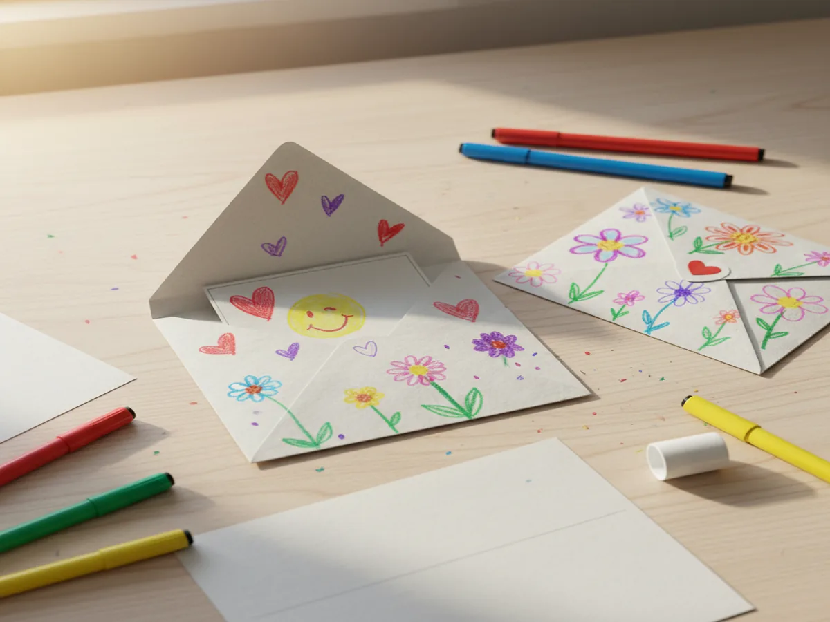 Handmade paper envelope card folded from a square with a decorated note tucked inside on a craft table