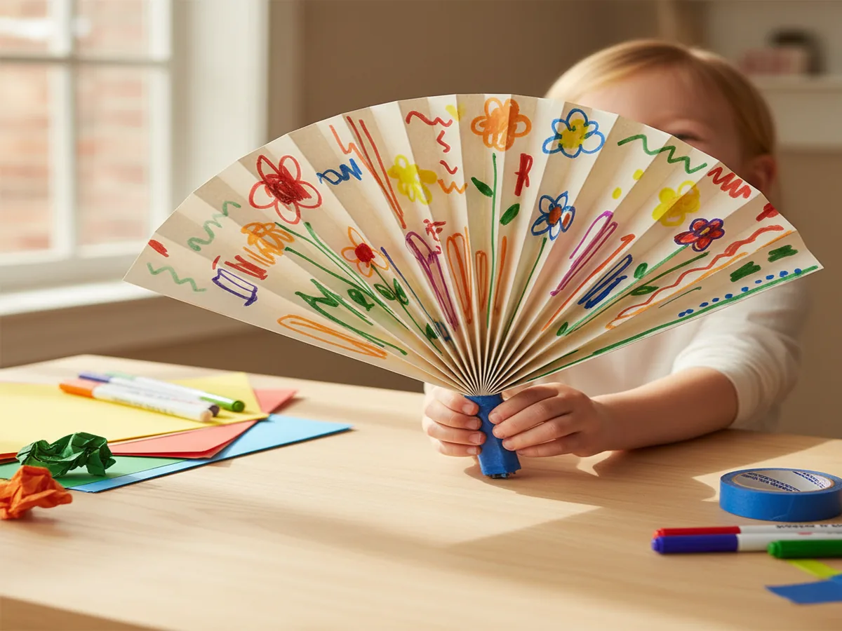 Handmade accordion-fold paper fan made from construction paper with colorful decorations held open on a craft table