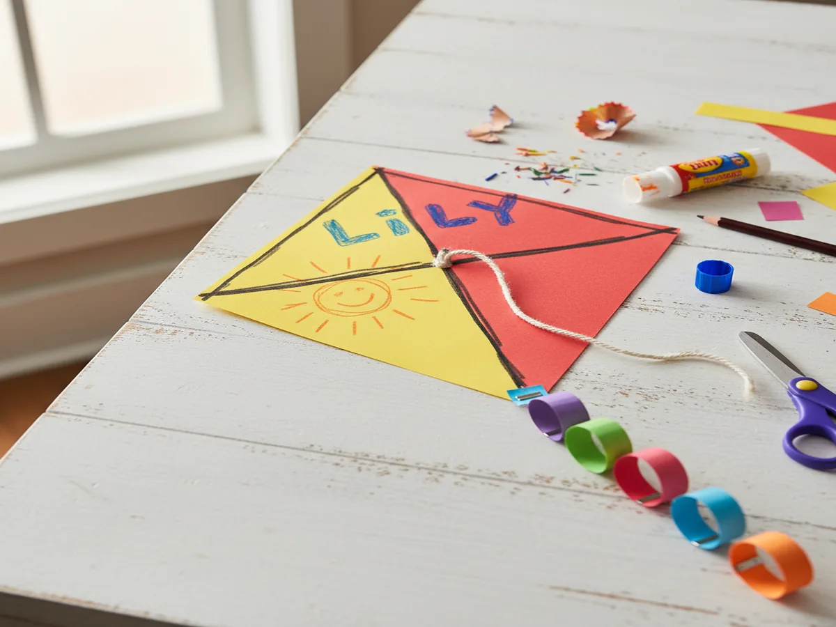 Handmade paper kite craft made from a diamond of bright red and yellow construction paper with a looping paper loop tail and string