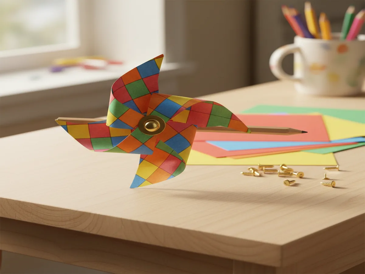 Handmade paper pinwheel craft made from a bright colored square of construction paper with a brass brad center and pencil handle