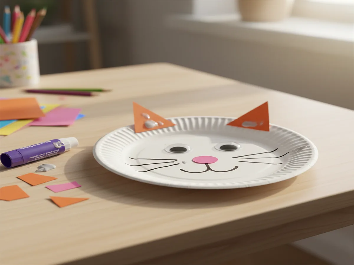 Handmade paper plate cat face craft with construction paper ears, googly eyes, and drawn whiskers on a craft table