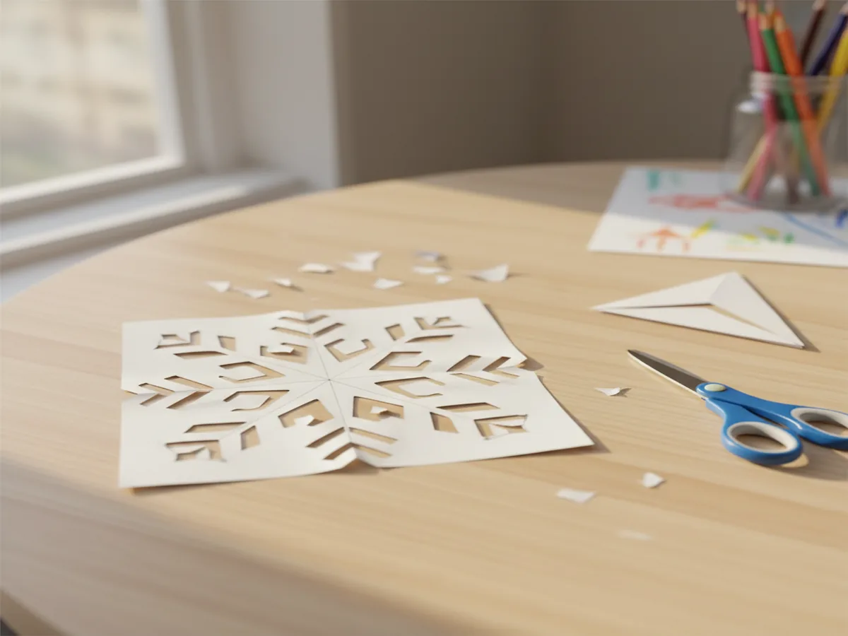 Handmade white paper snowflake with a symmetrical cut pattern fully unfolded on a craft table