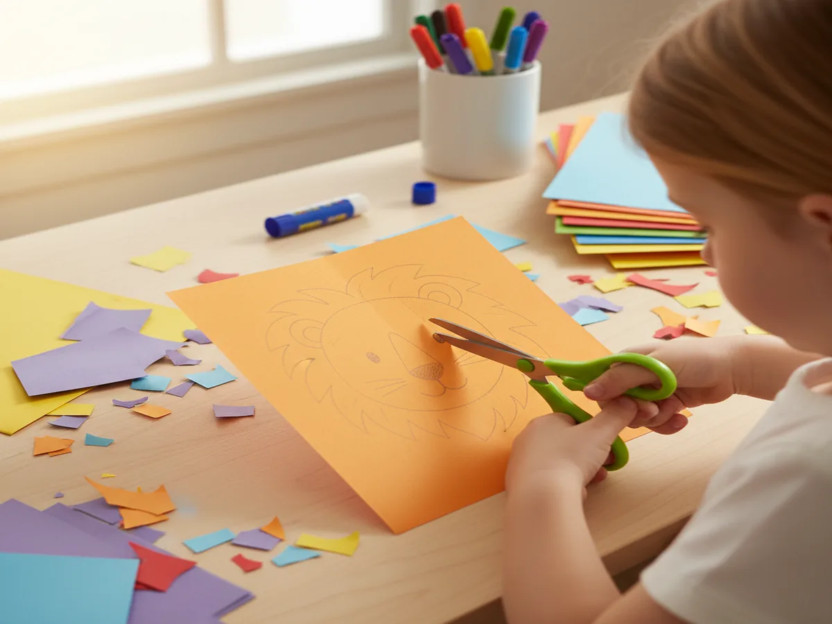A preschooler carefully cutting construction paper shapes with child-safe scissors