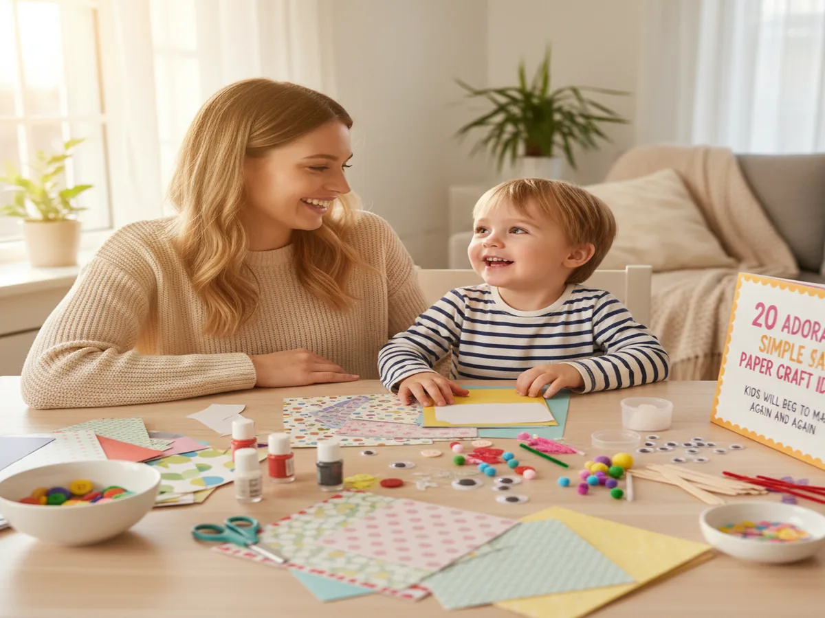 A mom and young child sitting together at a craft table, happy and engaged in paper crafting