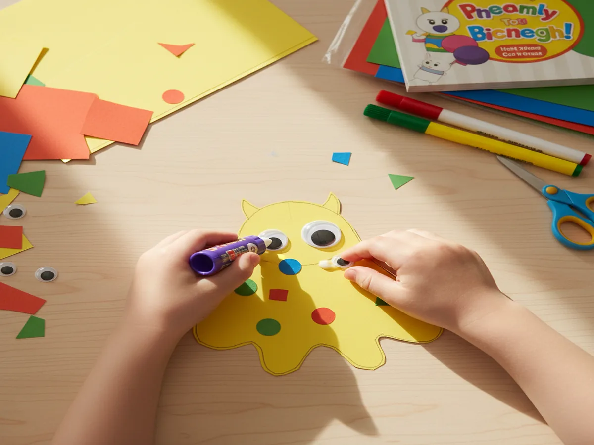 Small hands pressing paper pieces together with a glue stick during a craft project