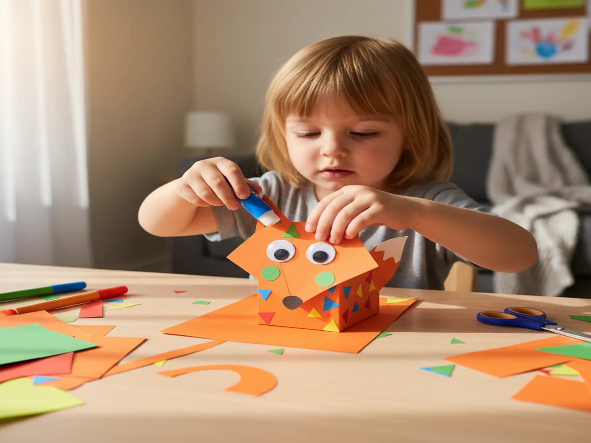 A smiling child proudly holding up a finished colorful paper craft they made themselves