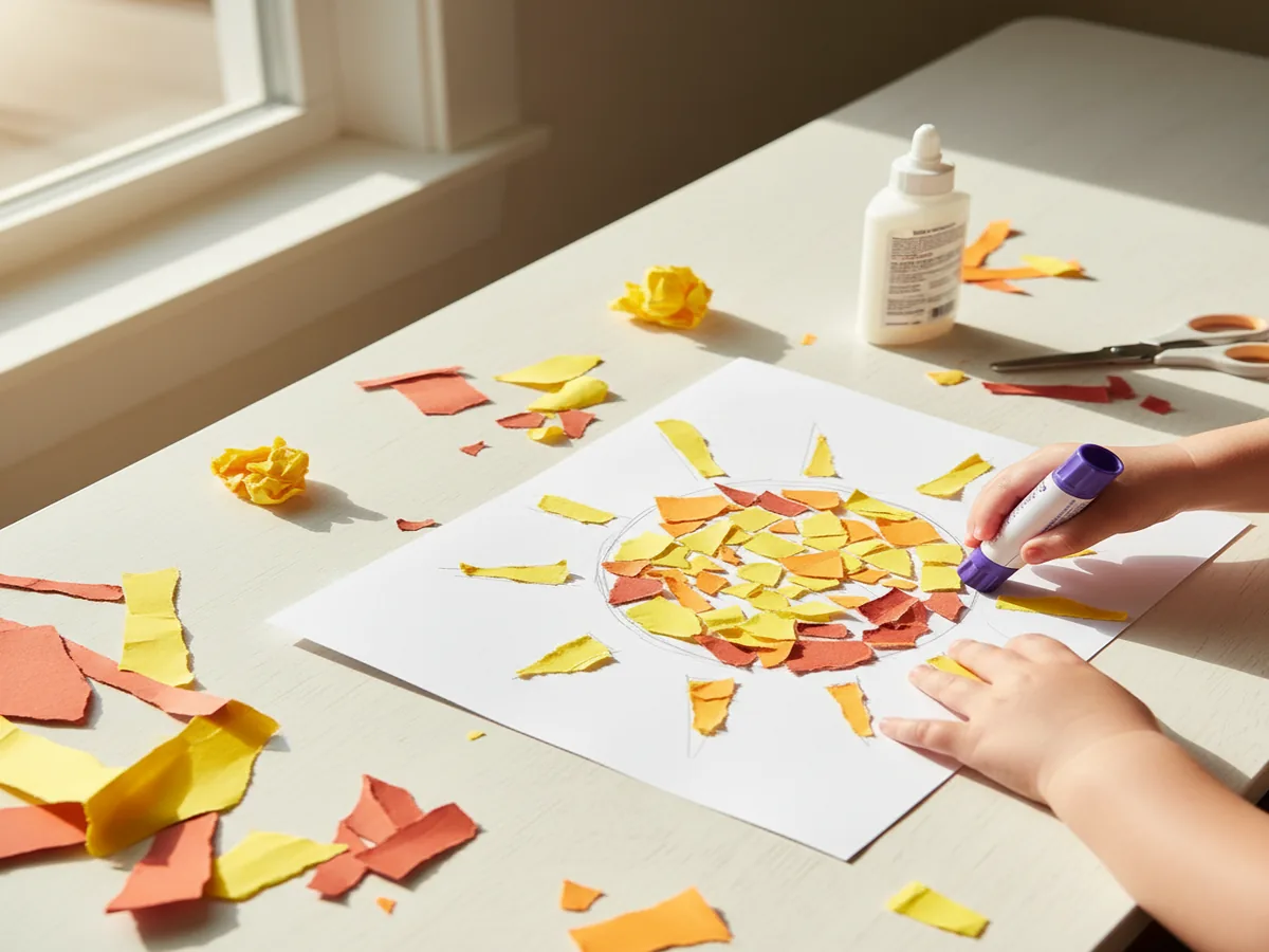 Handmade torn paper mosaic sun craft being filled with small pieces of torn yellow and orange construction paper on a white background