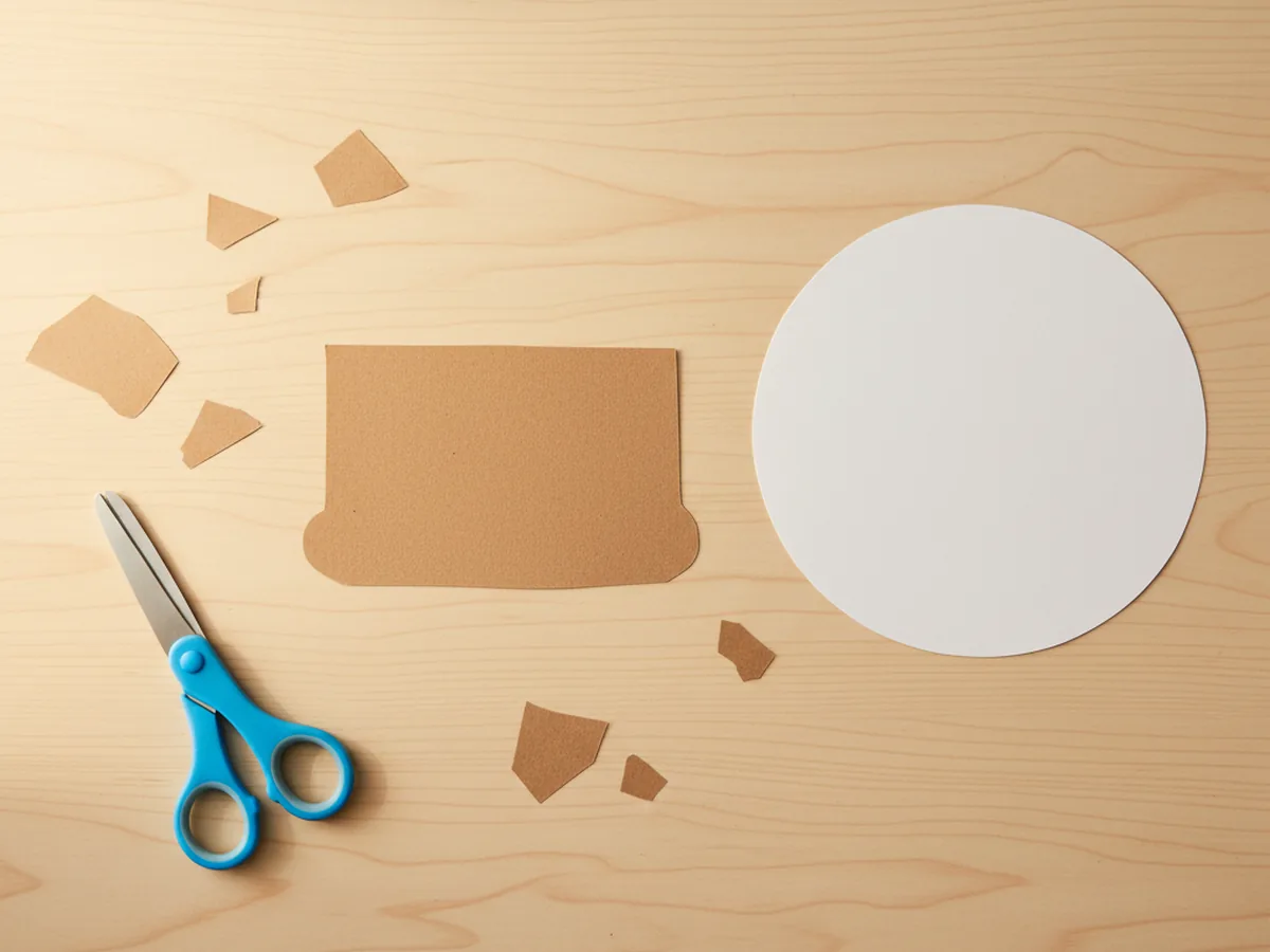 A small brown construction paper rectangle base for a snow globe paper craft with slightly rounded bottom corners lying on a craft table next to a white cardstock circle, a pair of kid scissors, and brown paper scraps