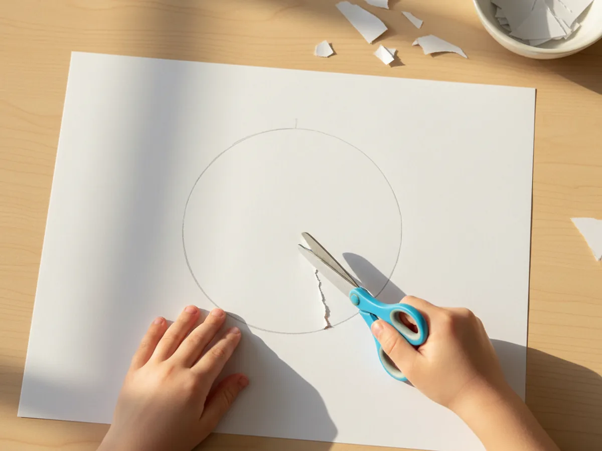 A child's hands cutting a large traced pencil circle out of a sheet of white cardstock with blue handled kid scissors on a light wood craft table with a small white bowl nearby