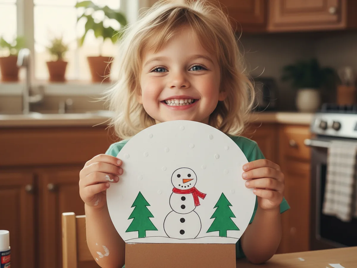 A small smiling child holding up a finished handmade snow globe paper craft with a white circle globe full of dotted white snow over a tiny paper snowman and green trees, attached to a brown construction paper rectangle base