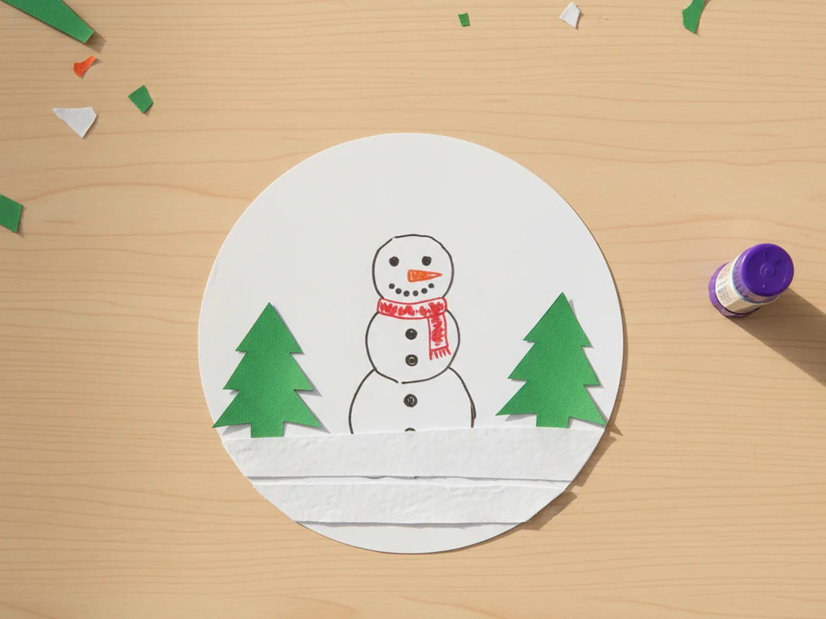 A white cardstock circle with a winter scene glued inside including a small white paper snowman with marker face and buttons standing on a snowy white ground strip with two small green triangle trees on either side, lying flat on a light wood craft table