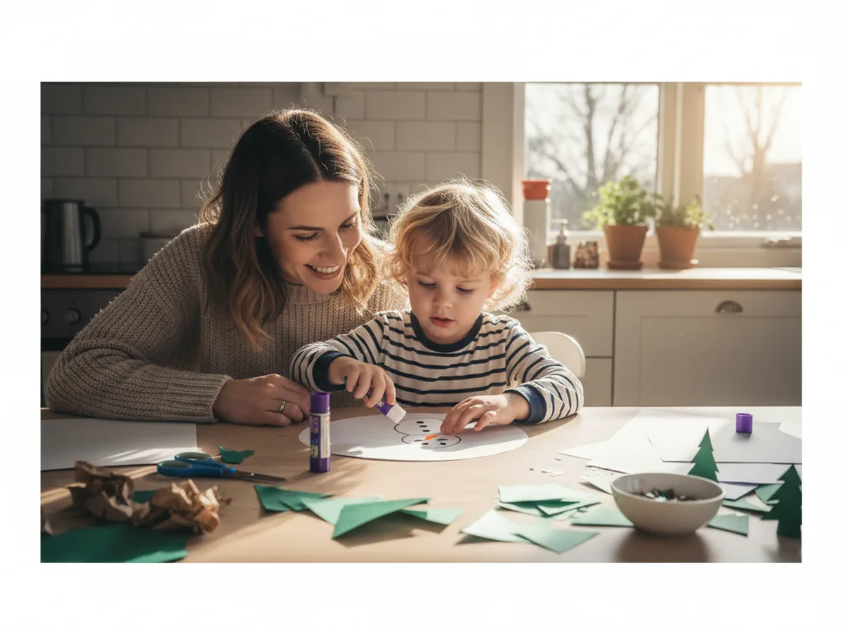 A mom and a young child sitting together at a craft table working on a snow globe paper craft, smiling as the child glues a small white paper snowman onto a white cardstock circle with construction paper trees and scissors nearby