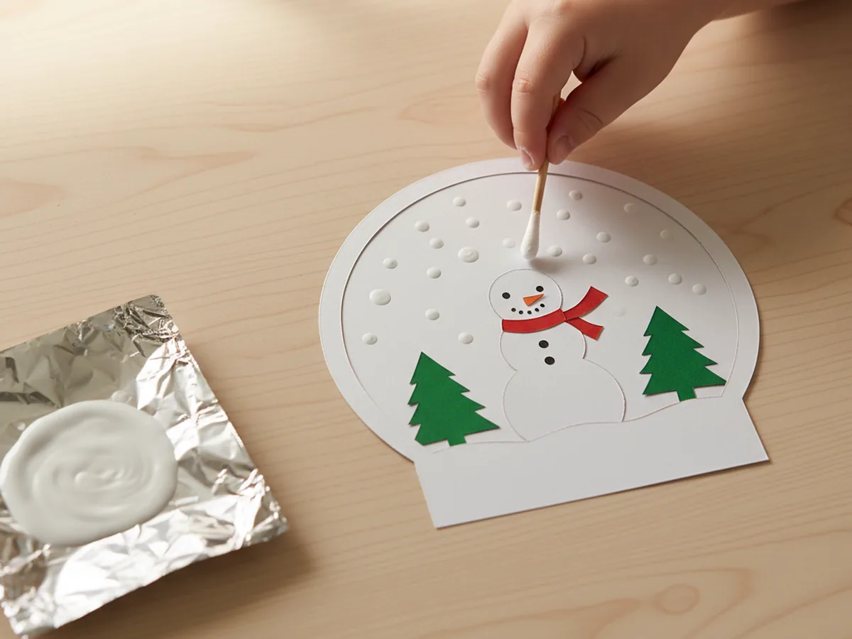 A child's hand dabbing white acrylic paint dots with a cotton swab onto the inside of a white cardstock snow globe circle with a small paper snowman and green trees, creating tiny falling snowflakes effect on a light wood craft table