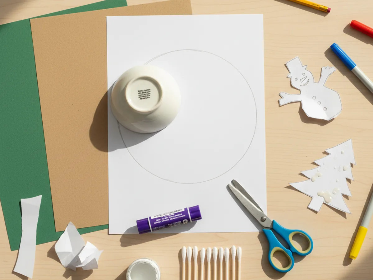 A flat lay of snow globe paper craft supplies on a light wood table including a sheet of white cardstock, sheets of brown white and green construction paper, blue handled kid scissors, a purple glue stick, a small jar of white craft paint, a few cotton swabs, and a small white bowl for tracing