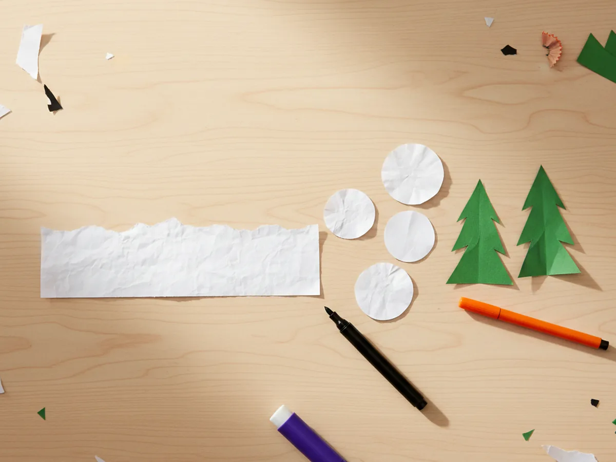 Cut paper winter scene pieces for a snow globe paper craft laid out on a craft table including a long thin white snowy ground strip, three white circles for a snowman body in graduated sizes, and two small green triangle construction paper trees