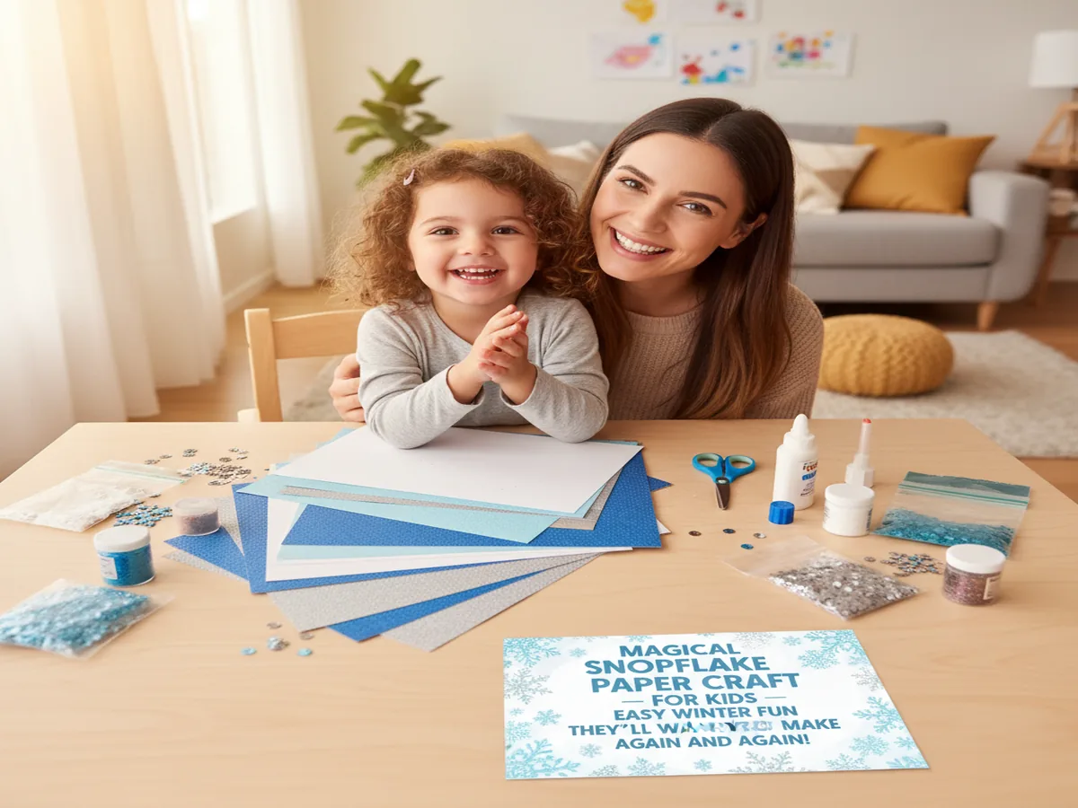 A mom and young child sitting together at a craft table, excited to start making Magical Snowflake Paper Craft for Kids – Easy Winter Fun They'll Want to Make Again and Again!
