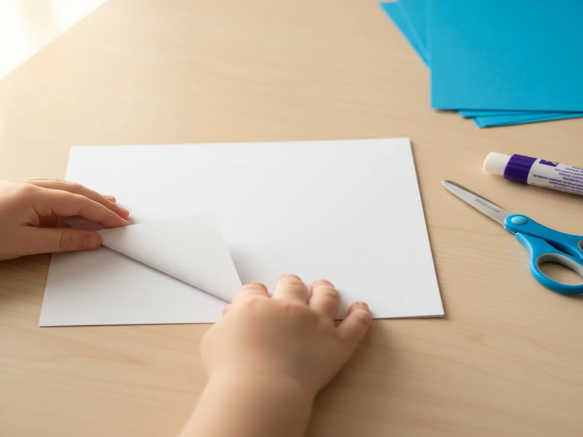 A child's hands folding a square sheet of white paper in half diagonally to create a triangle on a craft table