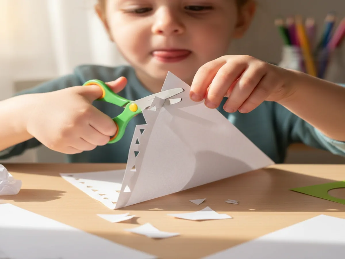 A child's hands cutting small triangle notches along the folded edges of a white paper triangle with safety scissors