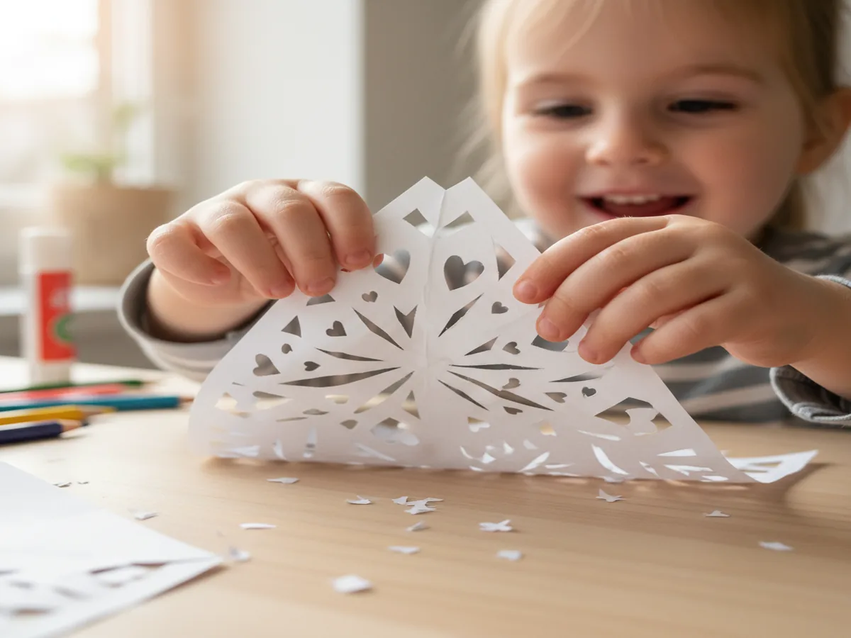 A child gently unfolding a cut paper triangle to reveal a beautiful white paper snowflake with a surprised and delighted expression