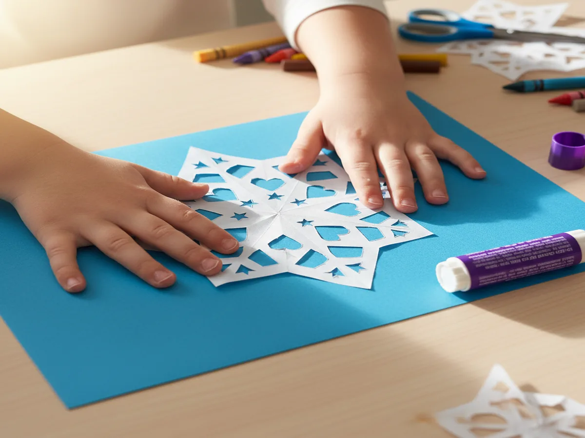 A child pressing a white paper snowflake down onto a bright blue construction paper background with a glue stick