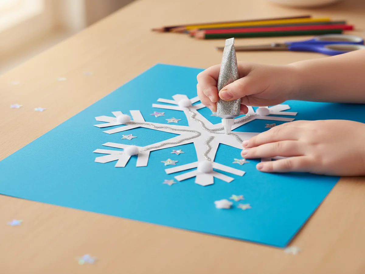 A child adding silver glitter glue and iridescent sequins to a white paper snowflake on a blue construction paper background