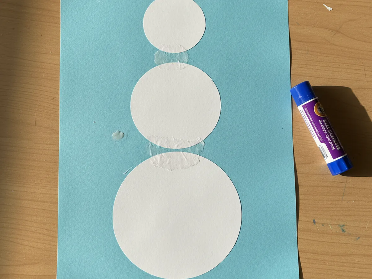 Three white paper circles stacked and glued on a blue background to form the snowman body shape