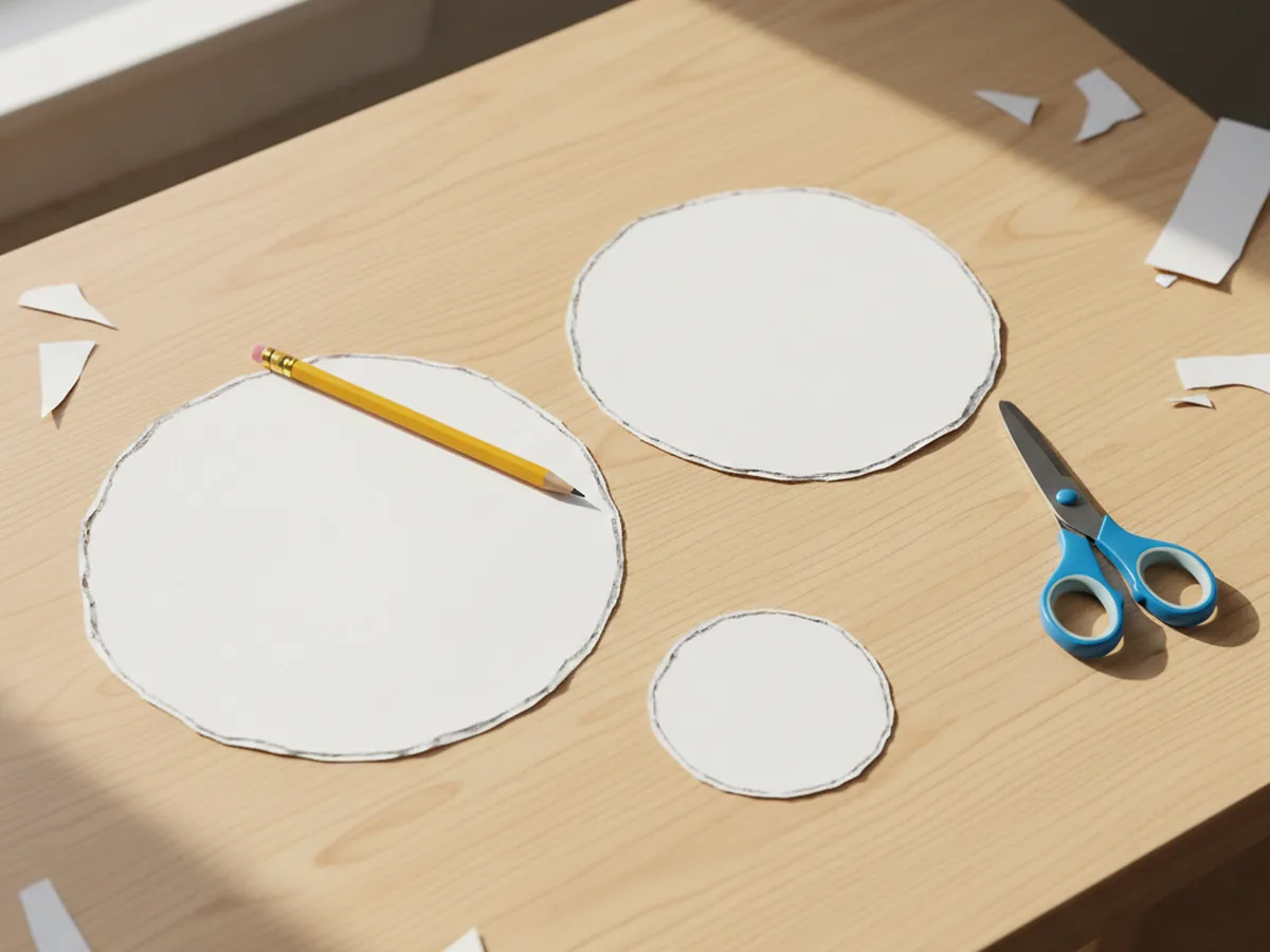 Three white cardstock circles of different sizes cut out on a craft table, ready to be assembled into a snowman