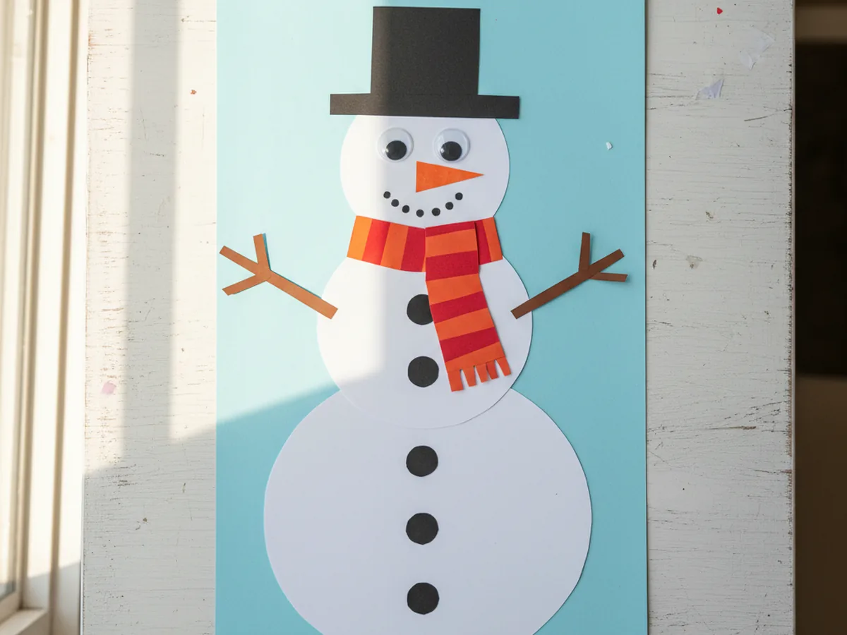 Finished snowman paper craft with stick arms, button details, colorful scarf, top hat, and smiling face on a blue background