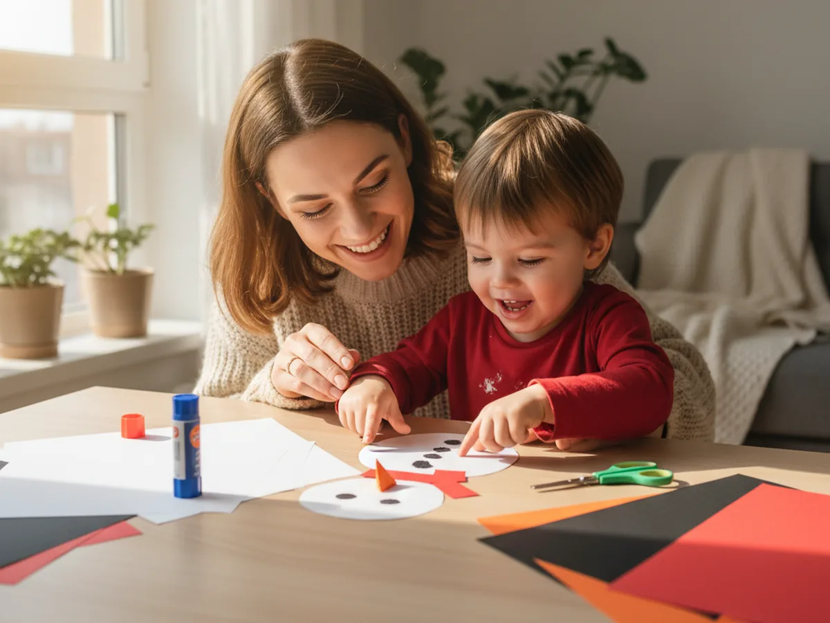 A mom and young child sitting together at a bright craft table, smiling and ready to start making a snowman paper craft