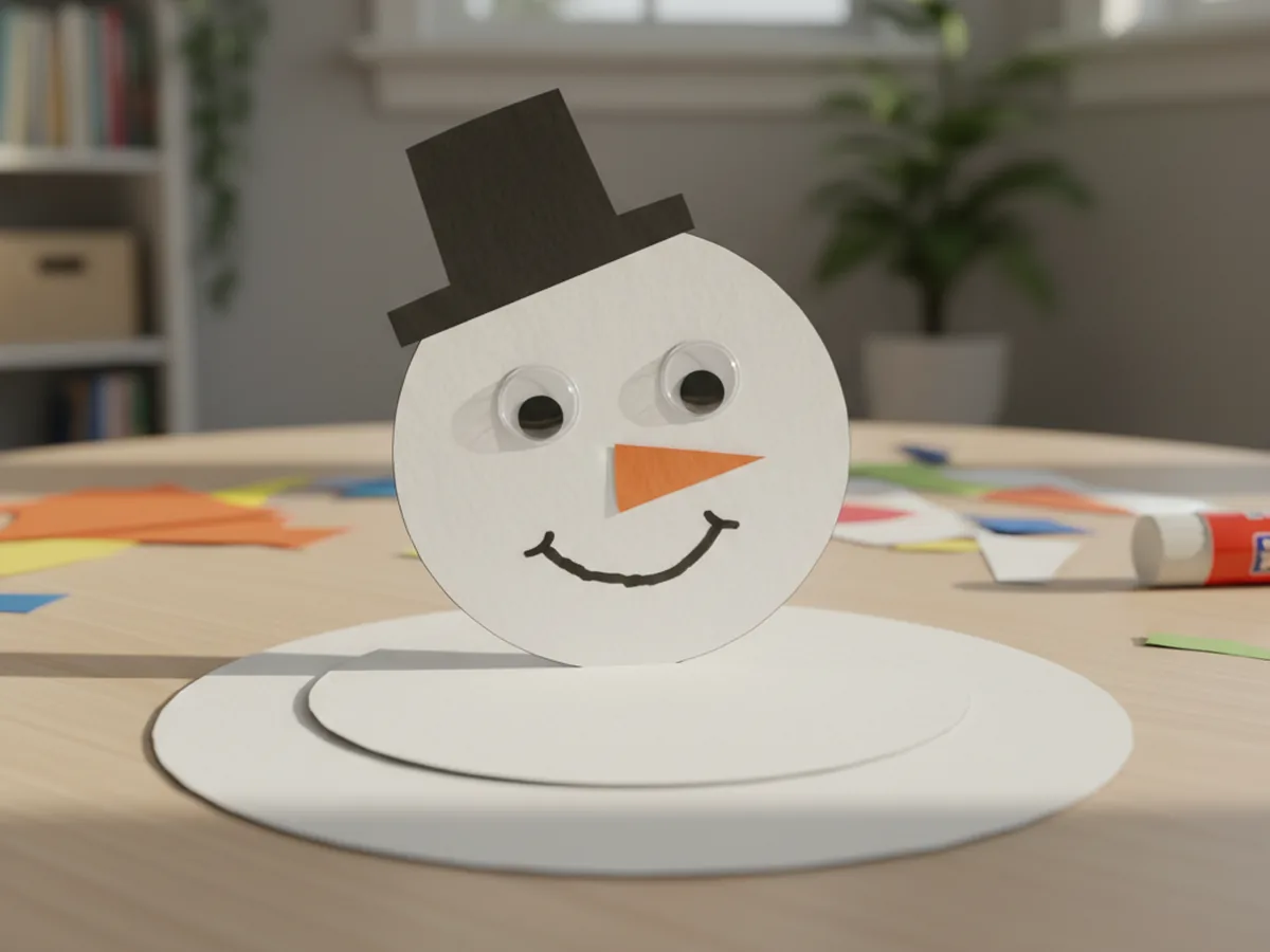 Snowman paper craft with googly eyes, orange carrot nose, and a marker smile added to the head circle