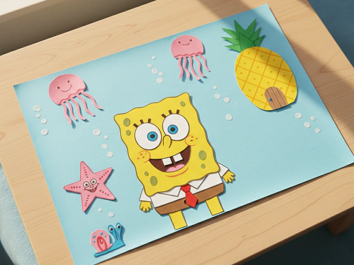 Underwater Bikini Bottom paper collage with yellow sponge, pink starfish, snail, jellyfish, and pineapple house on a light blue background
