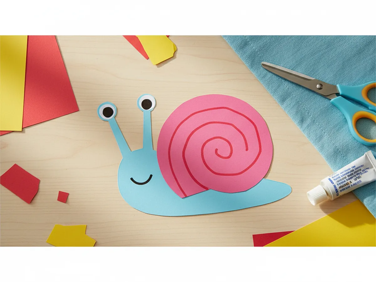 Handmade Gary the Snail paper craft with pink swirly shell, blue body, tall eye stalks, and a tiny smile