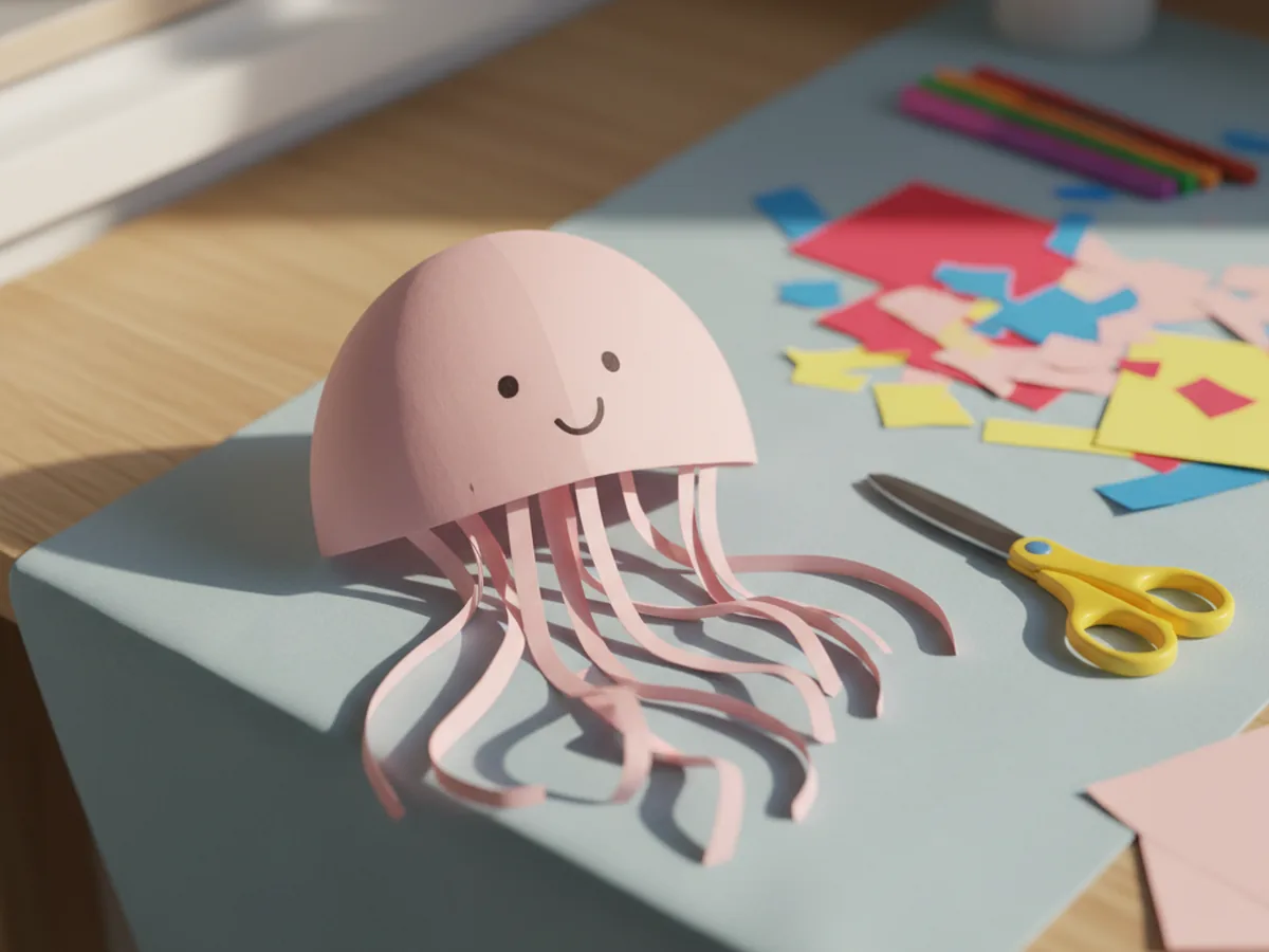 Handmade pink paper jellyfish with wiggly tentacle strips and a tiny smiling face on a blue craft table