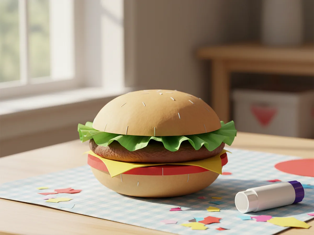 Handmade paper Krabby Patty burger with tan buns, brown patty, green lettuce, yellow cheese, and red tomato