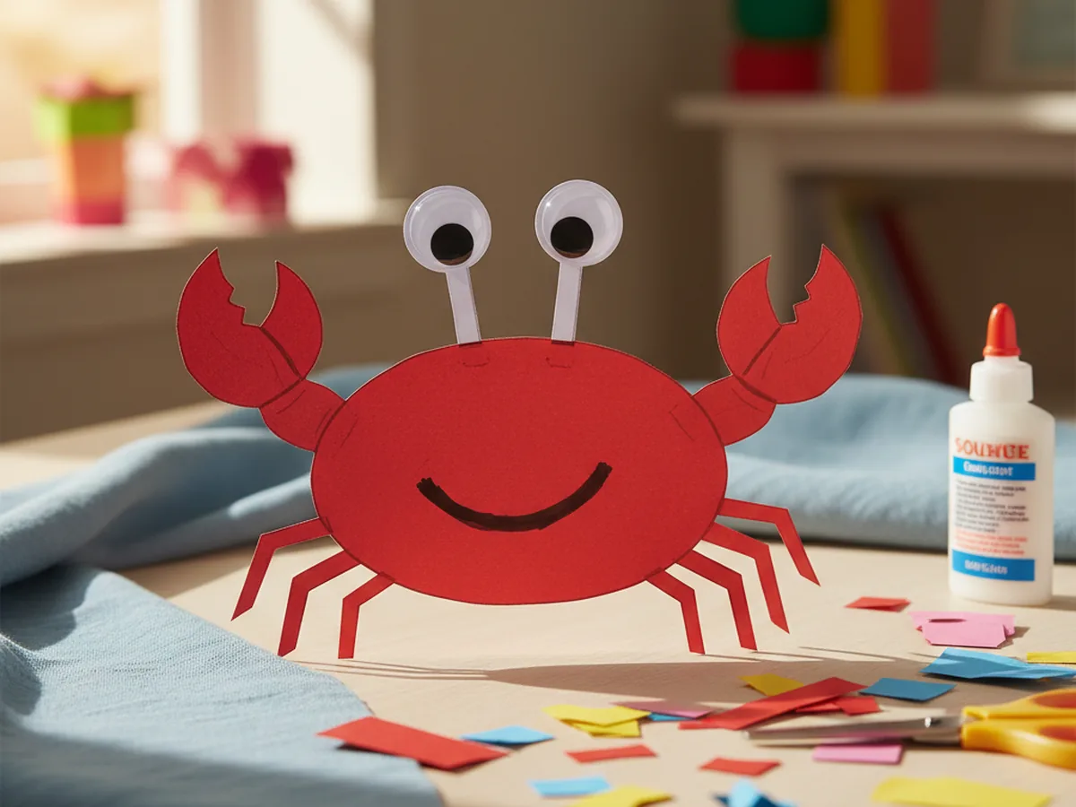 Handmade red Mr. Krabs paper crab with big claws, googly eyes on stalks, and a wide smile on a craft table