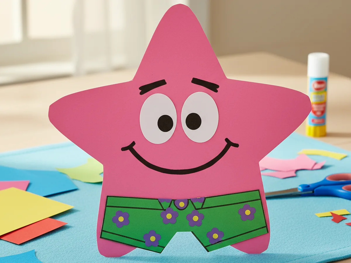 Handmade pink Patrick Star paper craft with silly face, thick eyebrows, and green flowered shorts