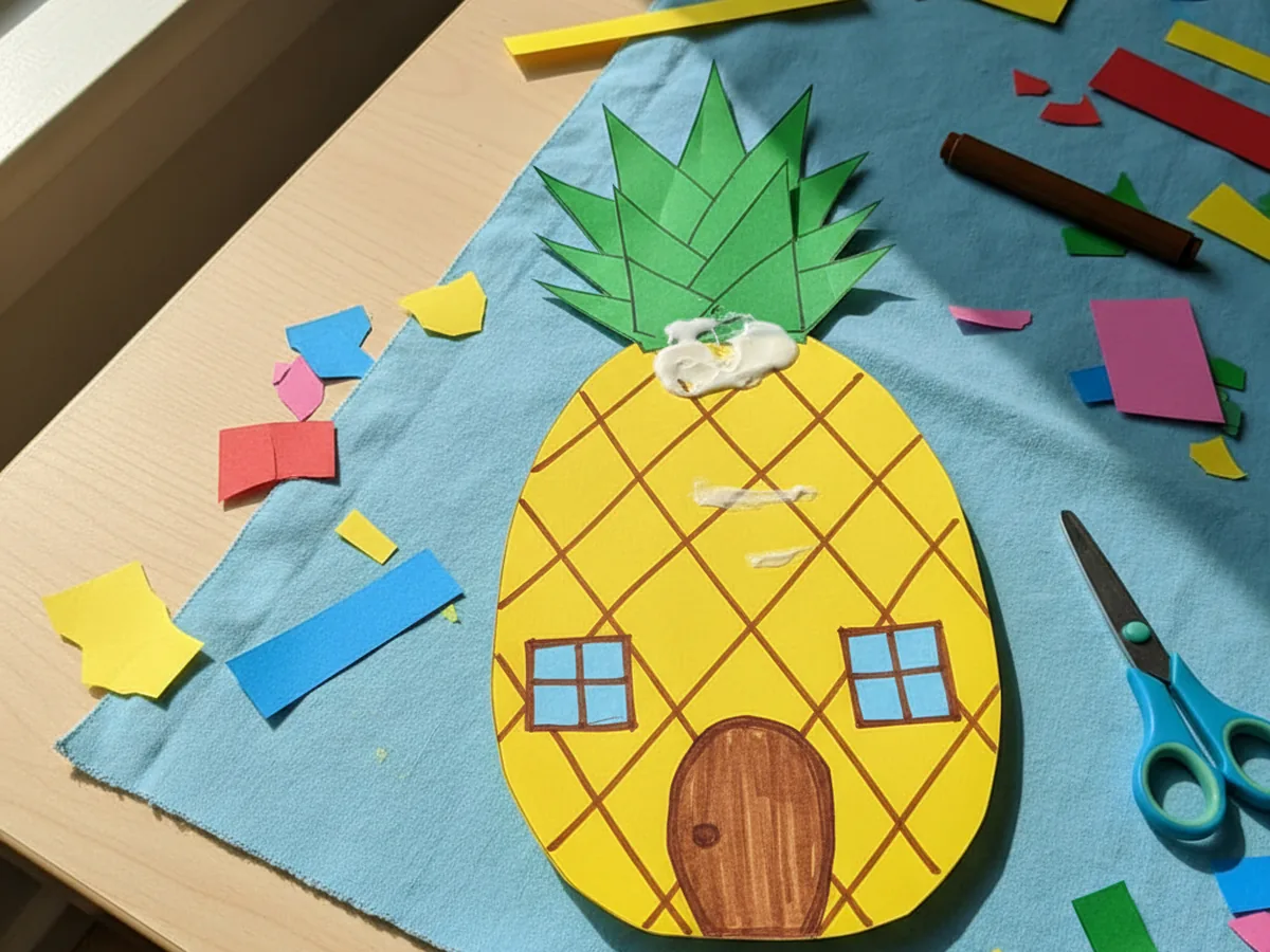Handmade paper pineapple house with green leafy top, brown door, and blue windows on a craft table