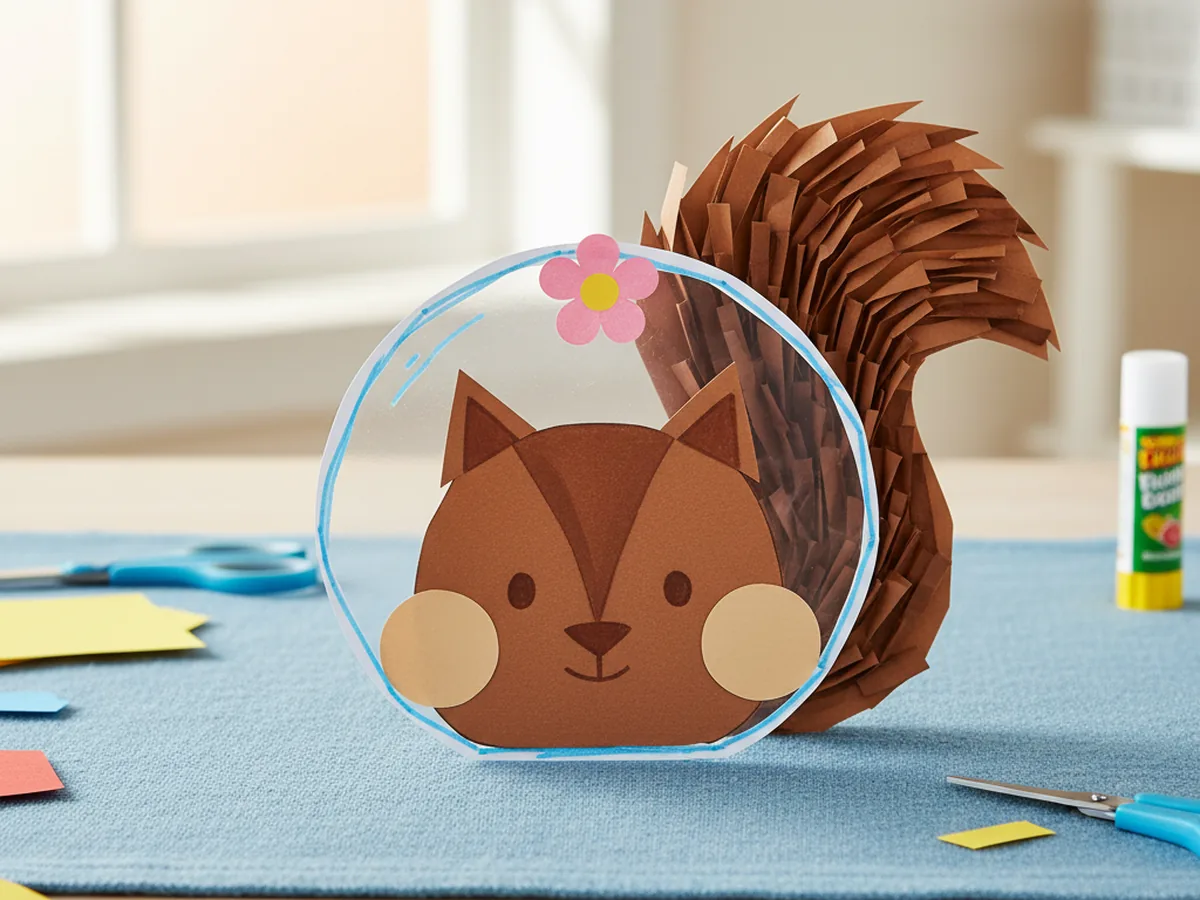 Handmade Sandy Cheeks paper craft with brown squirrel face, fluffy tail, and a round clear helmet with pink flower