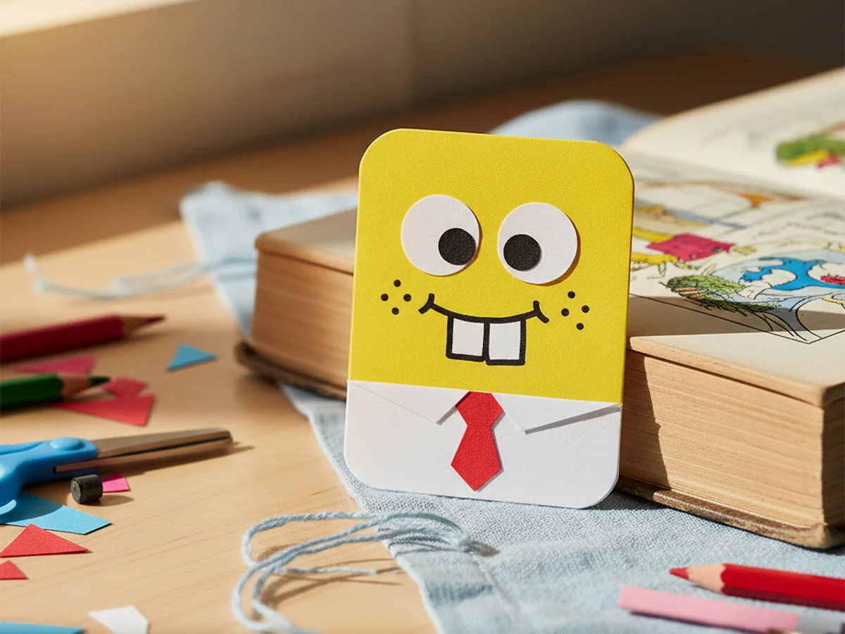 Yellow SpongeBob corner bookmark folded from paper sitting on the page of an open book