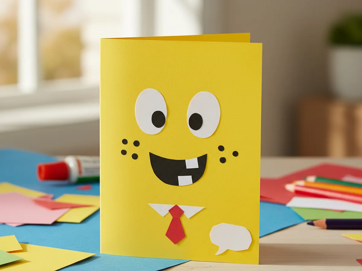 Handmade SpongeBob greeting card with a paper face cutout on yellow cardstock and a small bubble accent