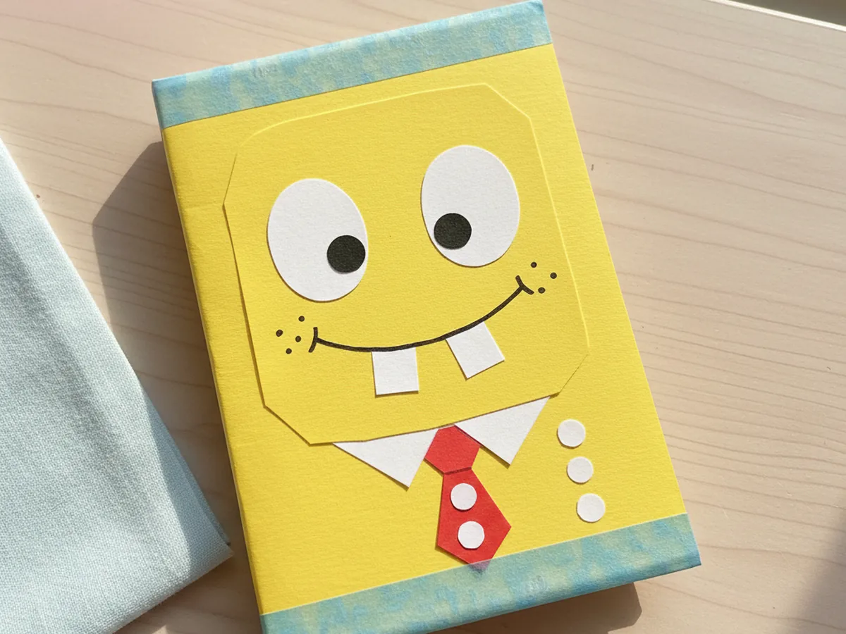 Mini notebook with a hand-drawn SpongeBob face on the yellow cover and small paper bubbles with blue washi tape