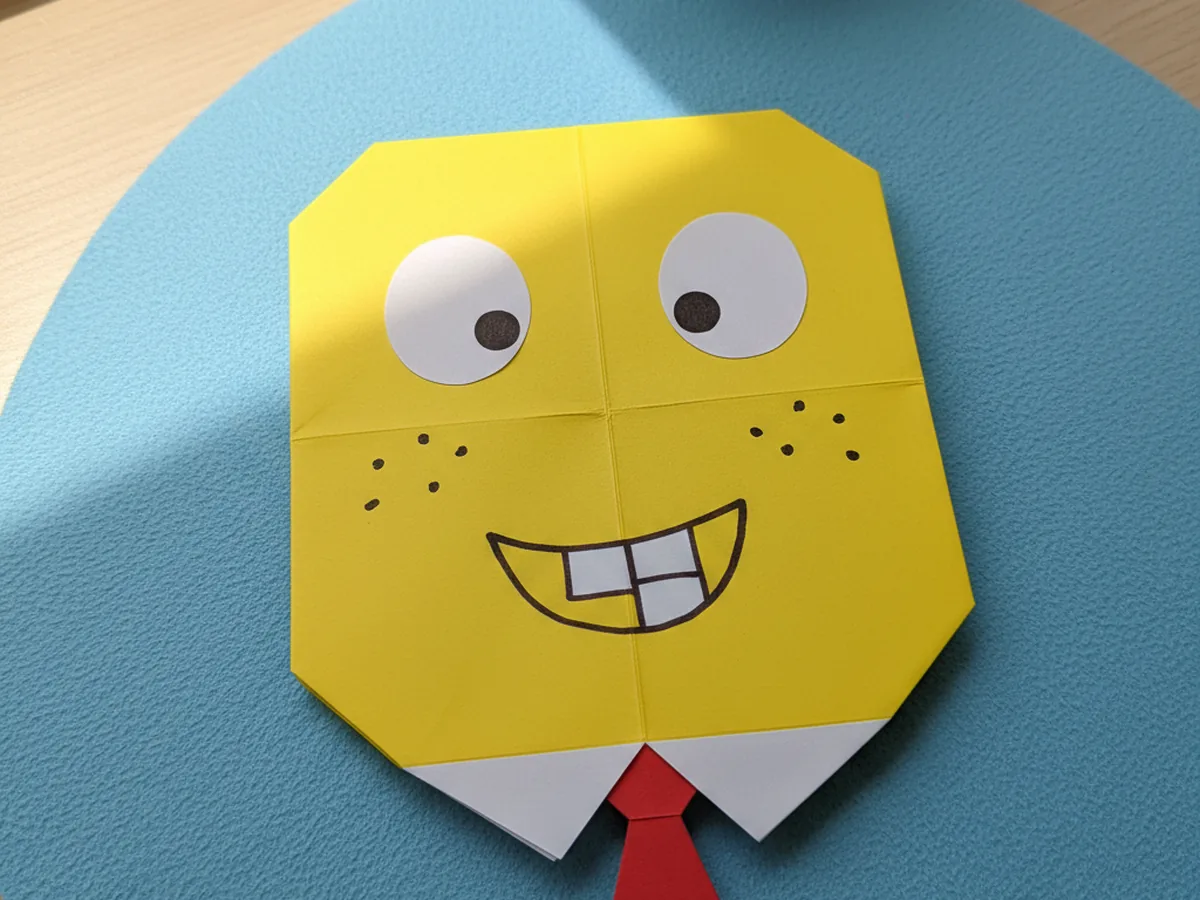 Folded yellow paper SpongeBob origami face with a goofy smile and freckles drawn in black marker